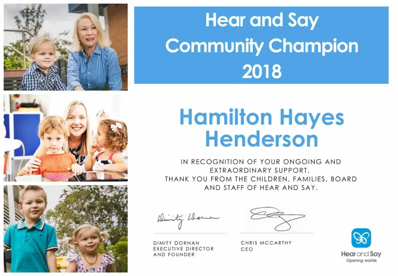 Hamilton Hayes Henderson Architects acknowledged as Community Champion 2018 Hear and Say