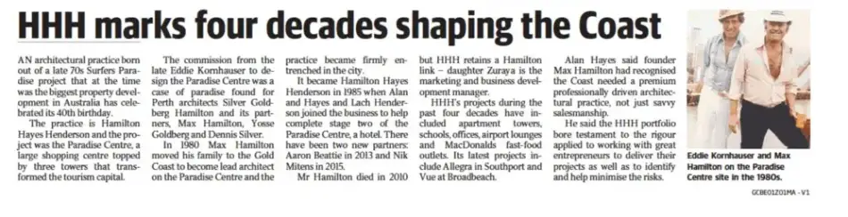 HHH marks 4 decades shaping the coast, Gold Coast Bulletin Sat Nov 17th