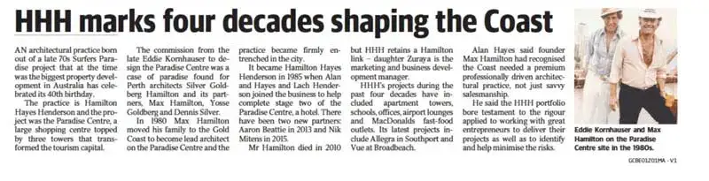 HHH marks 4 decades shaping the coast, Gold Coast Bulletin Sat Nov 17th