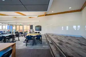 Presentation “stage” in class room. Magnetic whiteboard walls.